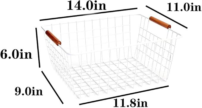 LeleCAT Large white wire baskets with Wooden Handles for storage pantry, Storage Organizer Baskets, Household Refrigerator for Cabinets, Closets, Bedrooms, kitchen - Set of 2（White） - Image 2