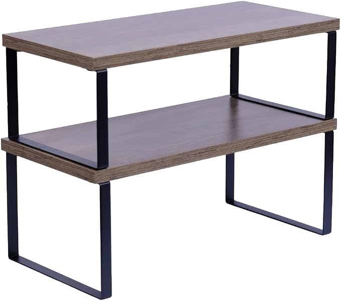 Sben Cabinet Organizer Shelf, Set of 2 Kitchen Counter Shelves, Kitchen Storage, Spice Rack, Stackable, Expandable, Metal and Engineered Wood, Ink Black and Brown Surface by SBEN