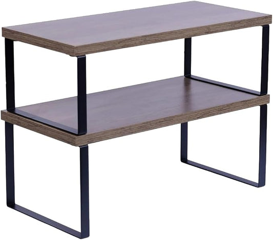 Sben Cabinet Organizer Shelf, Set of 2 Kitchen Counter Shelves, Kitchen Storage, Spice Rack, Stackable, Expandable, Metal and Engineered Wood, Ink Black and Brown Surface by SBEN