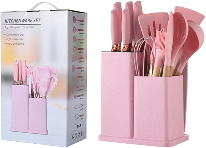 19 Pieces Kitchen Utensils and Knife Set with Block, Inldued 9 Pieces Silicone Cooking Utensils Set 5 Pieces Sharp Stainless Steel Chef Knives Scissors Whisk Tongs and Cutting Board (PINK) - Image 6