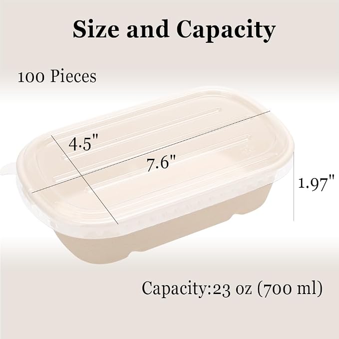 100 Pack 23 Oz Disposable Meal Prep Containers with Lids, Rectangle Paper Bowls with Lids for Salad,Leftovers, Leak-proof To Go Food Box Cardboard Lunch Box Compostable Take Out Food Containers - Image 2