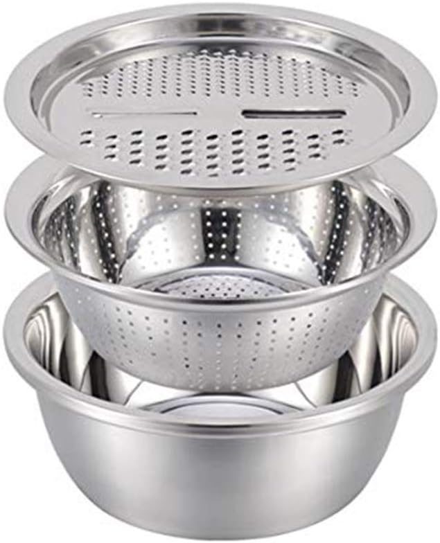 Stainless Steel Kitchen Basin Drain Basket Colander Set 3 in 1 Multifunctional Fruit Vegetable Julienne Grater Strainer Fine Mesh Basket Vegetable Rice Washing Bowl Set by MIFXIN