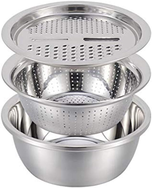 Stainless Steel Kitchen Basin Drain Basket Colander Set 3 in 1 Multifunctional Fruit Vegetable Julienne Grater Strainer Fine Mesh Basket Vegetable Rice Washing Bowl Set by MIFXIN