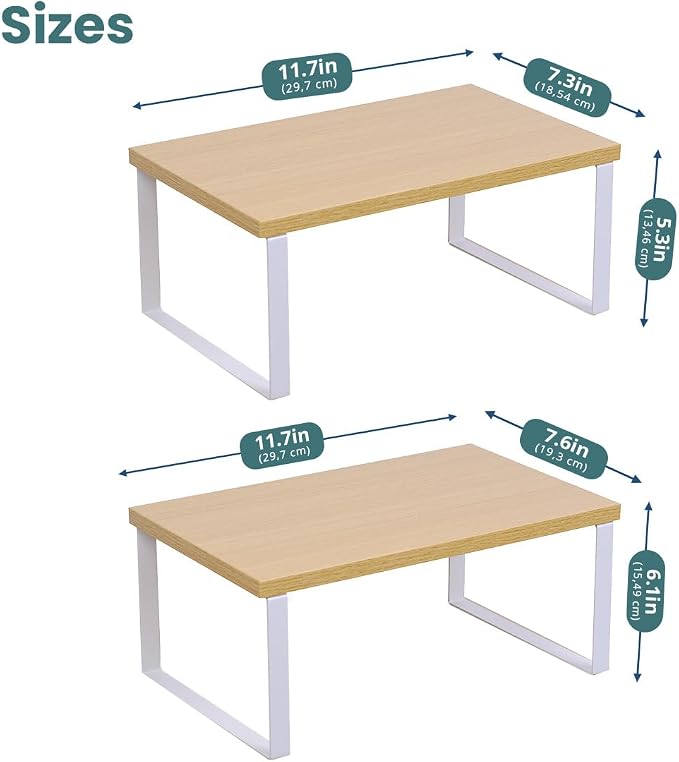 Sben Cabinet Organizer Shelf, Set of 2 Kitchen Counter Shelves, Kitchen Storage, Spice Rack, Stackable, Expandable, Metal and Engineered Wood, Cloud White and Natural Beige - Image 3