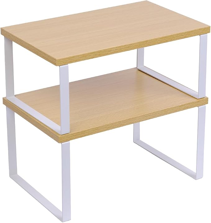 Sben Cabinet Organizer Shelf, Set of 2 Kitchen Counter Shelves, Kitchen Storage, Spice Rack, Stackable, Expandable, Metal and Engineered Wood, Cloud White and Natural Beige by SBEN