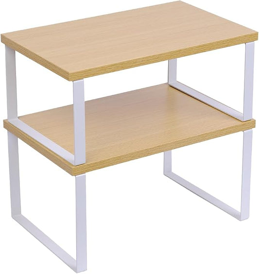 Sben Cabinet Organizer Shelf, Set of 2 Kitchen Counter Shelves, Kitchen Storage, Spice Rack, Stackable, Expandable, Metal and Engineered Wood, Cloud White and Natural Beige by SBEN