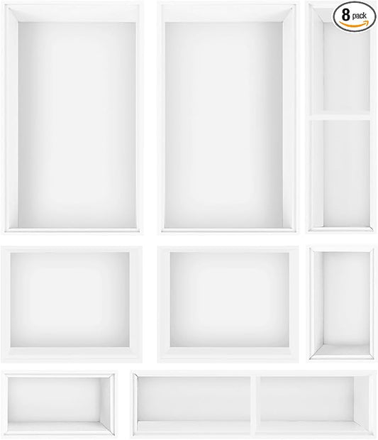 Bamboo Drawer Organizer Set, 8 PCS White Multi-Use Wood Drawer Storage Kitchen Boxes, Junk Drawer Organizer Divider Bins for Bathroom, Office Desk, Makeup, Jewelry, Utensils by Bxngjuj