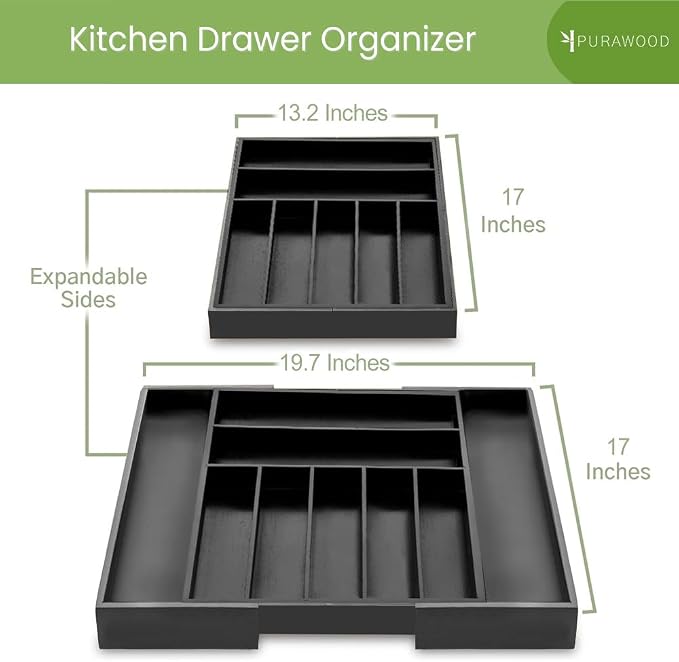 Purawood Bamboo Drawer Organizer - Expandable Silverware Organizer & Utensil Organizer, Cutlery Tray with Dividers, 7-9 Slots - Premium Kitchen Drawer Organizer for Utensils & Flatware (Black) - Image 2