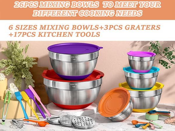 Umite Chef Thickened Heavy-Duty 26pcs Stainless Steel Bowl, Mixing Bowl Set with Lid, Grater Attachment, Colorful Non-Slip Bottom and Kitchen Gadget Set, Sizes 7, 4, 2.5, 2.0, 1.5, 1QT - Image 3