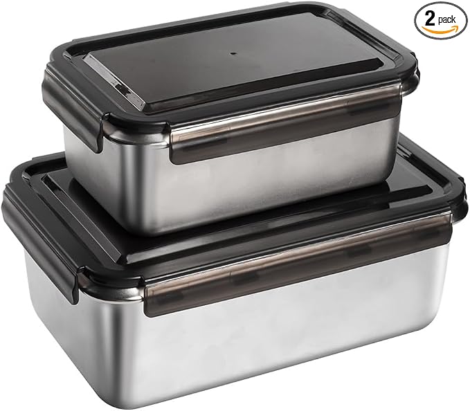 18/10 Stainless Steel Freezer Storage Containers Set of 2, 47oz 94oz Food Container Leak Proof Metal Meal Prep Containers (1400ml/2800ml) by MAXCOOK