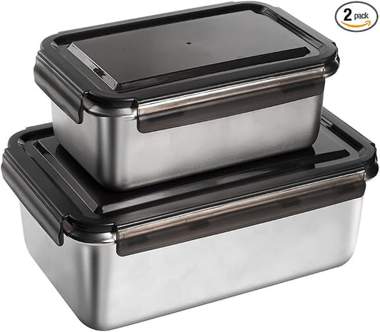 18/10 Stainless Steel Freezer Storage Containers Set of 2, 47oz 94oz Food Container Leak Proof Metal Meal Prep Containers (1400ml/2800ml) by MAXCOOK