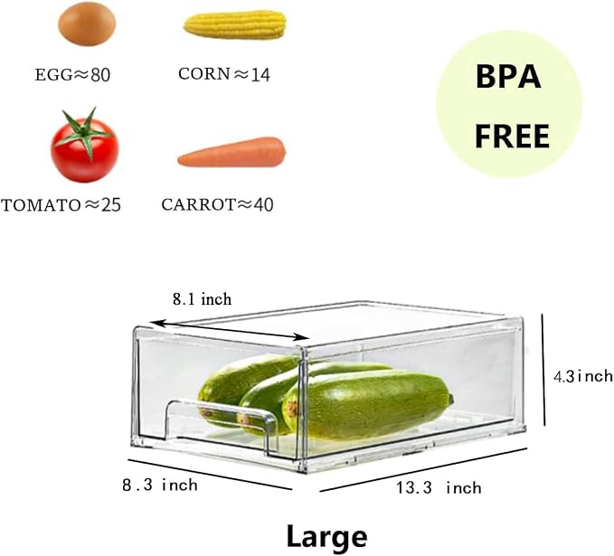 Mano 2Pack Clear Fridge Drawers Pull Out Stackable Refrigerator Drawer Organizer Bins Pantry Storage Box Plastic Food Containers for Kitchen Bathroom Office Closet (2pack-Large) - Image 5