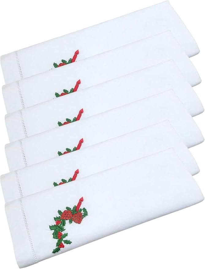 Embroidered Cloth Napkin Strawberry Candle Holly Christmas Cotton Napkins Set of 6, 20 x 20 Hemstitch Table Napkins Machine Washable, Daily & Holidays, Great Gift Ideas by Unknown