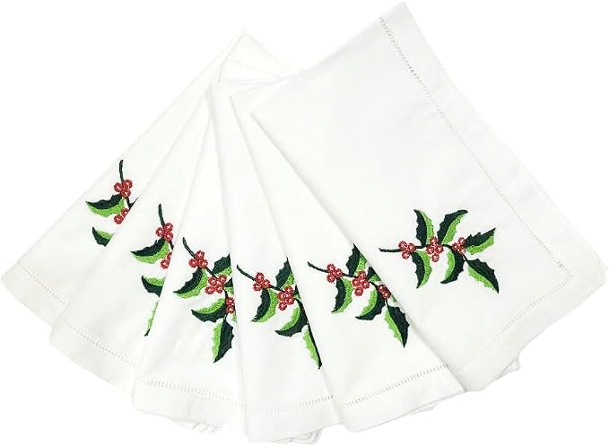 Embroidered Cloth Napkin Holly Leaf Christmas Cotton Napkins Set of 6, 20x20 Hemstitch Table Napkins Machine Washable, Daily & Christmas, Great Present Ideas by Unknown