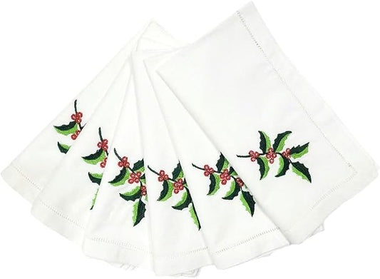 Embroidered Cloth Napkin Holly Leaf Christmas Cotton Napkins Set of 6, 20x20 Hemstitch Table Napkins Machine Washable, Daily & Christmas, Great Present Ideas by Unknown