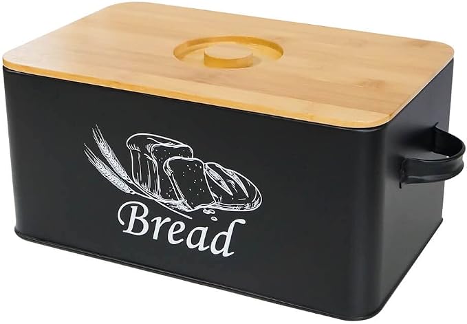 SOTECH Bread Box with 3pcs Jars Coffee Sugar Tea for Kitchen Countertop White Metal Bread Box with Bamboo Board Cover Pastry Storage Container Set Kitchen decor (Black box) by SOTECHLLC