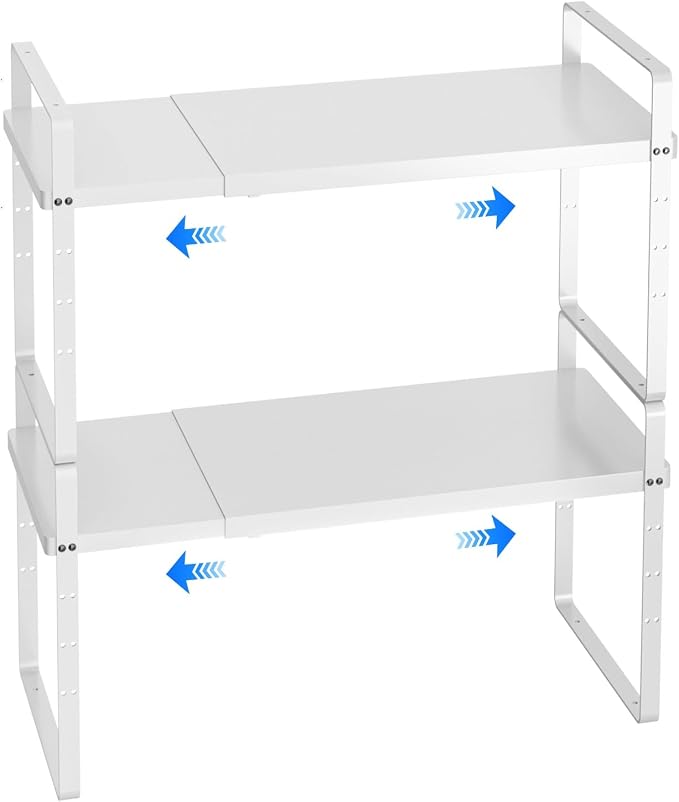 Expandable Cabinet Shelf Organizer, Stackable Kitchen Pantry Counter Storage, Adjustable Closet Cupboard Stand Rack Risers Spice Organization 80LBS Heavy Duty White 2 Pack by KIKIBRO