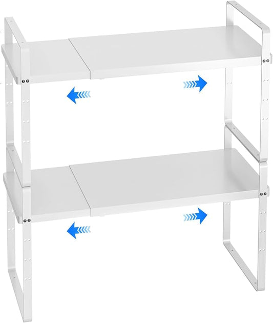 Expandable Cabinet Shelf Organizer, Stackable Kitchen Pantry Counter Storage, Adjustable Closet Cupboard Stand Rack Risers Spice Organization 80LBS Heavy Duty White 2 Pack by KIKIBRO