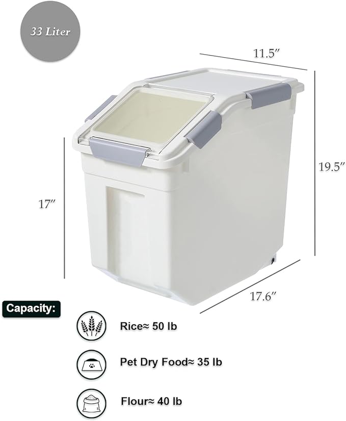 33 Liter / 50 lbs Rice Storage Container with Measuring Cup, BPA free, For Rice | Grain | Pet Food | Flour, 2 count, White - Image 3