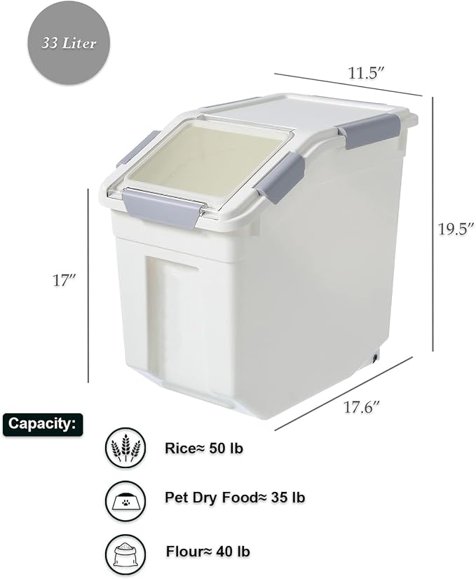 33 Liter / 50 lbs Rice Storage Container with Measuring Cup, BPA free, For Rice | Grain | Pet Food | Flour, 1 count, White - Image 4