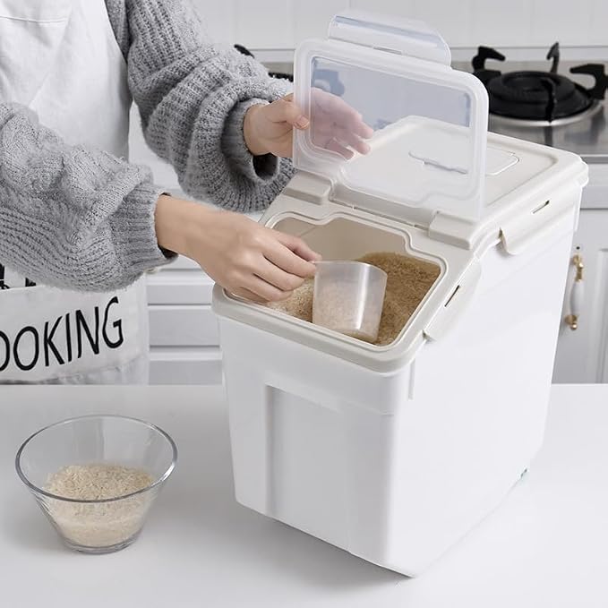 AnRui Airtight Rice Storage Container 30LBS, Large Flour Storage Containers BPA Free Kitchen Pantry Food Storage Bin Sugar Snack Cereal Grain Organizer Box with Wheel, Scoop, 4Pack, Grey - Image 3