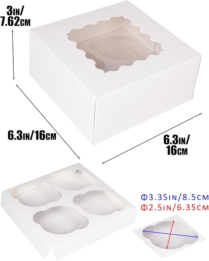 qiqee Auto-pop Up Cupcake Boxes with Window White 100PCS 4 Count Cupcake Box 6.3"x6.3"x3" Cupcakes Carrier, 4 Cupcake Containers - Image 5