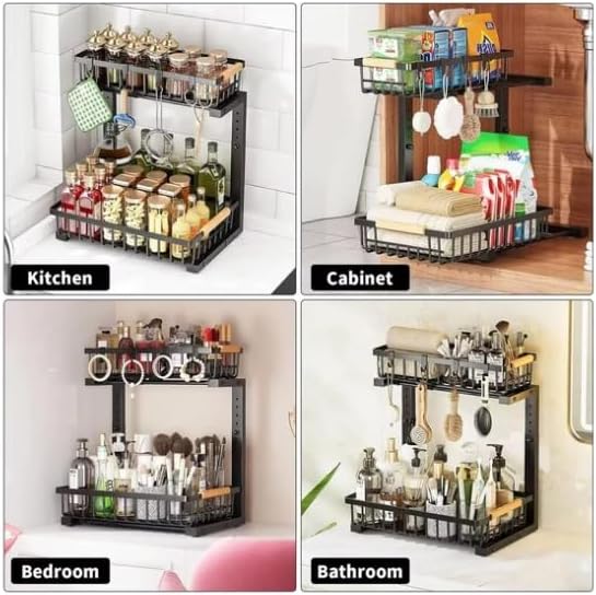 Lumela Under Sink Organizer, 2-Tier Slide-Out Cabinet Organizer Shelf, Height Adjustable Metal Pull-Out Storage Rack with Wood Handle for Kitchen & Bathroom Cabinets (Black) - Image 5