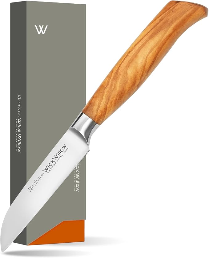 WICKWILLOW 3.5” Paring Knife – Swedish Steel, Olive Wood Handle | Small kitchen knife for peeling, trimming and precision work. Hand wash only. Gift box included. by WickWillow