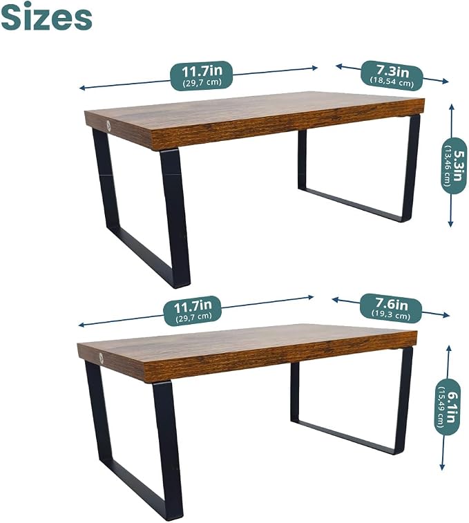 Sben Cabinet Organizer Shelf, Set of 2 Kitchen Counter Shelves, Kitchen Storage, Spice Rack, Stackable, Expandable, Metal and Engineered Wood, Ink Black and Rustic Brown - Image 3