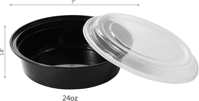 24 oz 50 ct Round Meal Prep Food Storage Containers with Lids To Go Plastic Lunch Plan Box Disposable Take Out Bowls Black BPA Free Reusable Durable Stackable Microwave Freezer Dishwasher Safe - Image 2