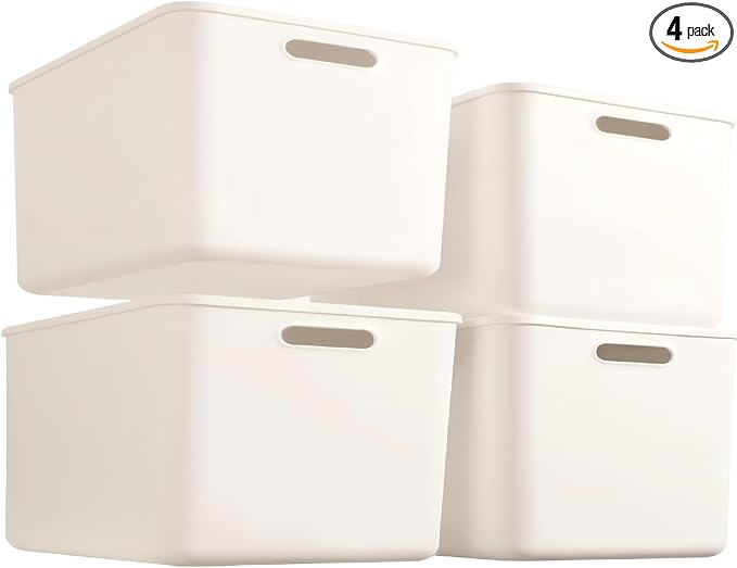 Set Of 4 Plastic Storage Baskets Boxes with Lids, 14.4x10.2x6.3 Inch Stackable Organizing Bins with Handles,Versatile Containers for Pantry,Bathroom,Closet Shelves Desktop (White, 4 L.) by Amyup