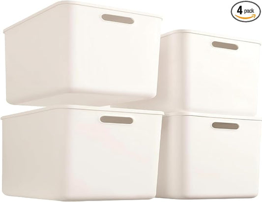 Set Of 4 Plastic Storage Baskets Boxes with Lids, 14.4x10.2x6.3 Inch Stackable Organizing Bins with Handles,Versatile Containers for Pantry,Bathroom,Closet Shelves Desktop (White, 4 L.) by Amyup