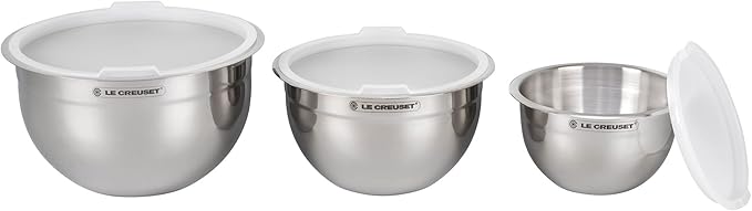 Le Creuset Stainless Steel Nested Mixing Bowls with Plastic Lids, Set of 3 | Set of 3: 1.5 qt., 3 qt., and 5qt., Non-Slip Silicone Base - Image 4