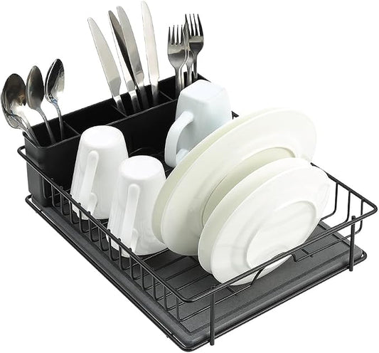 SunnyPoint 304 Stainless Steel Dish Drying Rack with Diatomaceous Earth Drainboard & Removable Utensil Caddy – Rust Resistant Countertop Dish Rack for Kitchen (Black) by SunnyPoint