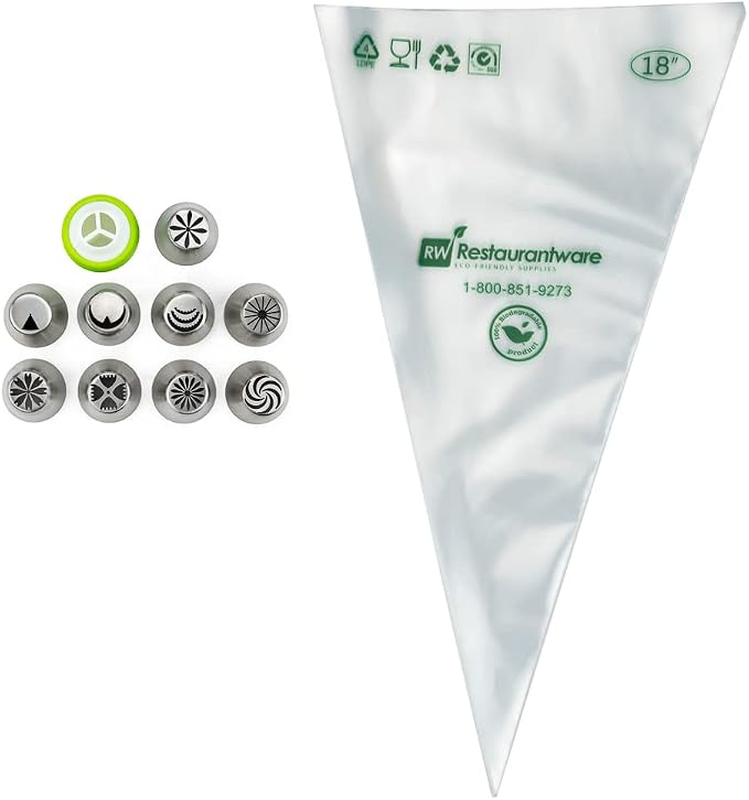 Restaurantware Pastry Tek Russian Piping Tips Set 20 Piece Durable Cake Decorating Kit - 9 Piping Tips 10 Piping Bags Stainless Steel Piping Bags And Tips Set 1 Tri-Color Coupler - Image 5