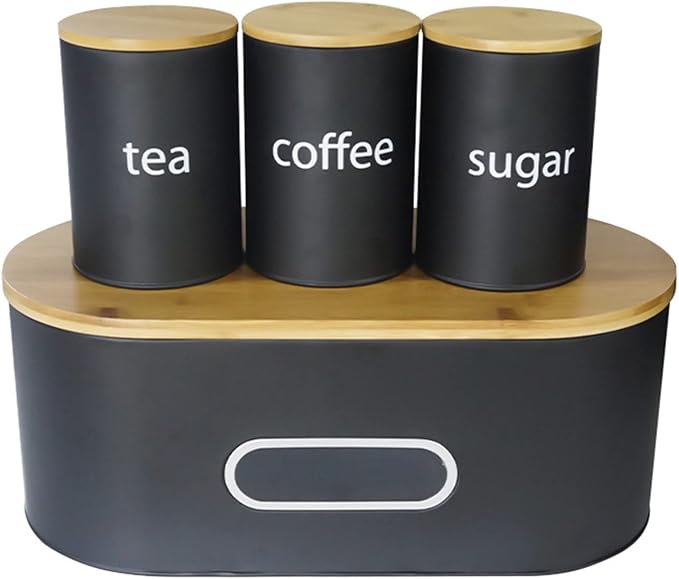 SOTECH Extra Large Bread Box Metal Bread Bin with Bamboo Lid&Window Modern Food Storage Container for Kitchen Counter Kitchen Decor Organizer Farmhouse Black (Black box with 3jars) - Image 9