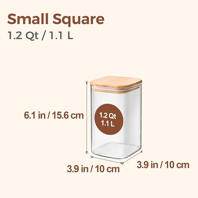 ComSaf Glass Storage Containers wtih Lids 1.2 Qt, Set of 6 Food Storage Jar | Glass Pantry Storage Containers, Square Kitchen Canisters, Pantry Organizers, Tea, Oat, Spice, Coffee, 37oz Jars, BPA Free - Image 2