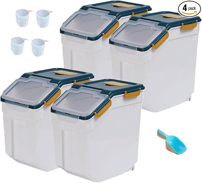 25LB Large Flour Storage Container Bin,4 Pack Airtight Plastic with Wheels Seal Locking Lid Dispenser Organizer Storage Bin with Measuring Cup & Scoop for Flour, Rice, Grain 100LBS Total by YXQ
