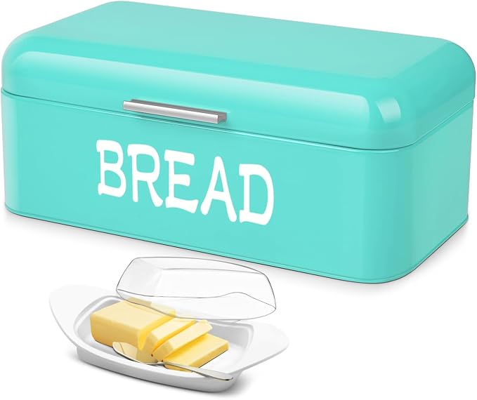 Flexzion Large Vintage Metal Bread Box for Kitchen Countertop, Turquoise | Bread Bin Storage Set Includes a White Butter Dish and Stainless Steel Butter Knife by Flexzion