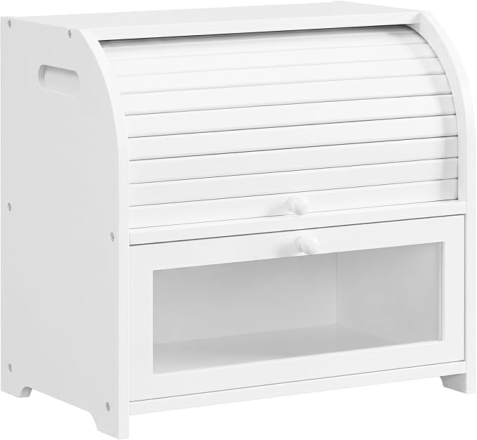 HOOBRO Bread Box, Bamboo Bread Box for Kitchen Countertop, 2 Tier Roll-Top Bread Bin, Food Storage Box, Large Capacity Keeper, Wooden Storage Cabinet, for Kitchen, Dining Room, White WT13MB01 by HOOBRO