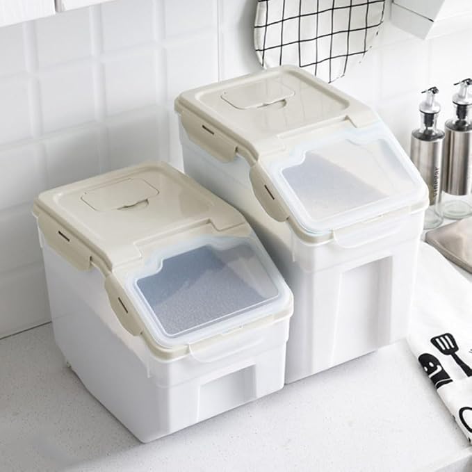 25LB Large Flour Storage Container Bin ,2 Pack Airtight Plastic with Wheels Seal Locking Lid Dispenser Organizer Storage Bin with Measuring Cup & Scoop for Flour, Rice, Grain 50LBS Total - Image 5