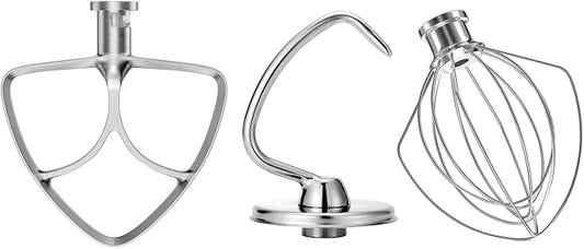 Stainless Steel Stand Mixer Attachments 3-Piece for KitchenAid 4.5-5 Qt Tilt Head Stand Mixer. Includes 6 Wire Whisk, Flat Beater, Dough Hook for KitchenAid 4.5-5 Qt Mixer Bowl by kainarDB1