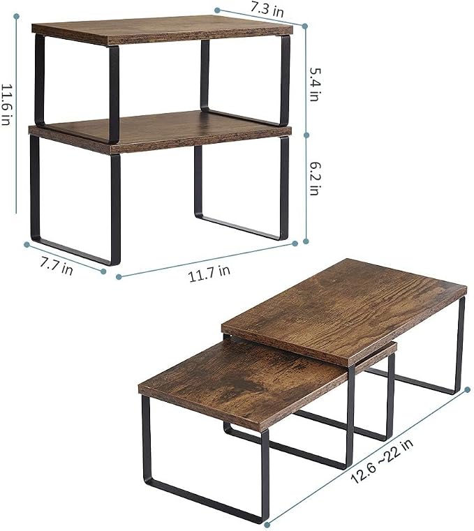 NEX Kitchen Cabinet and Counter Shelf Organizer, Shelf Riser for Pantry Countertop Cupboard Desk Top, Stackable & Expandable, Set of 4, Black and Rustic Brown | Stackable & Expandable Spice Rack, Space-Saving Pantry Organizers Bathroom Countertop Stora... - Image 3