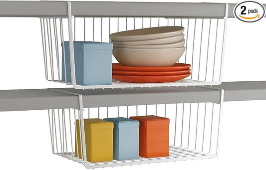 Modern Home Under Shelf Wire Storage Baskets – Hanging Organizer Rack for Cabinet, Pantry, or Closet – White Metal Basket for Kitchen, Towels, or Office – No Tools Required (Set of 2 15") by Modern+Home