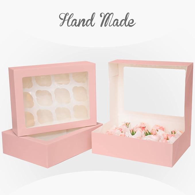 qiqee Auto-pop Up Cupcake Boxes with Window Pink 40PCS 12 Count Cupcake Box 13"x10"x3.5" Cupcakes Carrier, 12 Cupcake Containers with 2 rolls of pink ribbons - Image 4