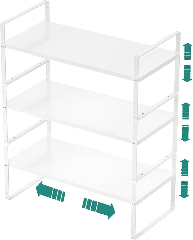 SUZLON Expandable Cabinet Shelf Organizer Rack, Stackable Kitchen Counter Storage Shelves Stand, Adjustable Height Pantry Shelf Spice Rack, Heavy Duty Nonslip White Small 3Pack by Suzlon