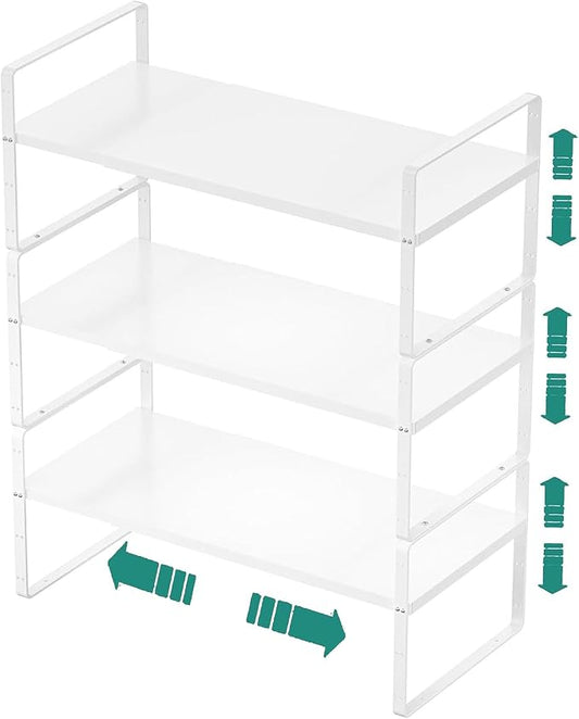 SUZLON Expandable Cabinet Shelf Organizer Rack, Stackable Kitchen Counter Storage Shelves Stand, Adjustable Height Pantry Shelf Spice Rack, Heavy Duty Nonslip White Small 3Pack by Suzlon