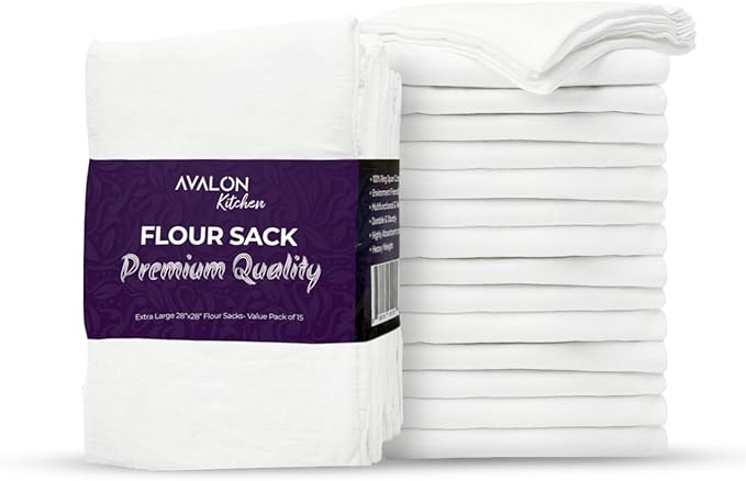 Flour Sack Towels – 15 Pack, 28x28 Inch, 100% Cotton – Flour Sack Dish Towels for Drying Dishes, Baking, Bread Proofing, Crafting & Embroidery – Reusable White Kitchen Towel by Avalon+Kitchen