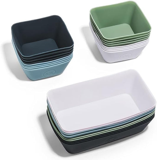 Reusable Silicone Bento Baking Cup, Non-Toxic, BPA Free, Dishwasher Safe Bento Box Accessories Lunch Box Dividers, Square and Rectangle, 24 Pack, Blue, White, Green by TheSiliconeKitchen