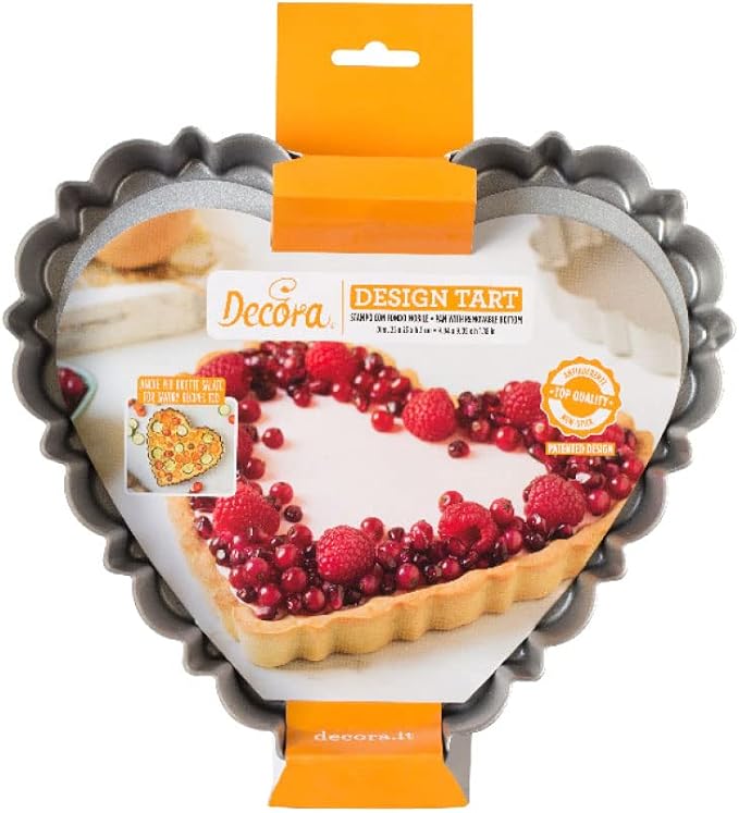 Decora 0075056 Nonstick Steel Fluted Heart Tart Pan 9.8 Inch x 9.1 Inch x 1.2 Inch High with Loose Removable Bottom, for Easy Demolding, Professional Design Registered, Patented by DECORA
